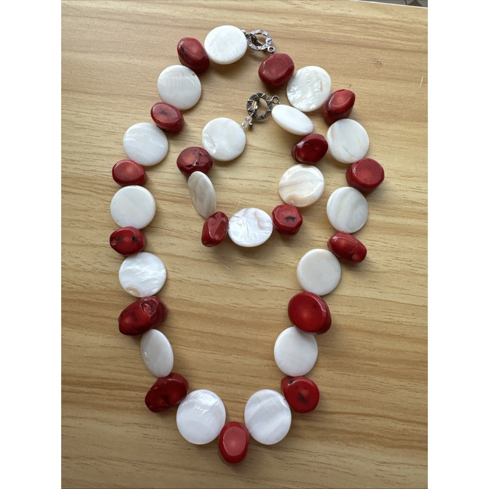 VTG Natural Red Coral Chunky Necklace 22"White MOP Disc Beads & Bracelet Set - Picture 12 of 16